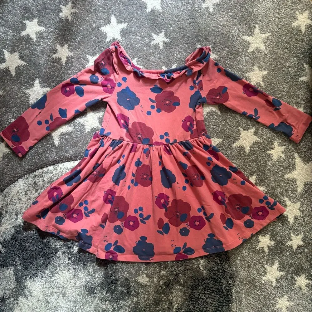 Tea Collection Pink Floral Twirly Boat Neck Long Sleeve Dress